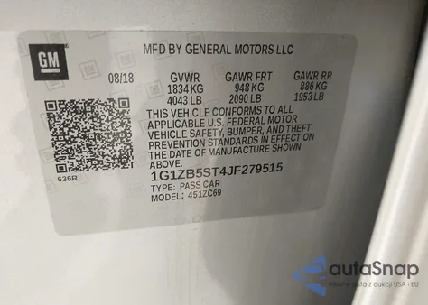2018 Chevrolet Malibu 1Ls z USA, uszkodzony, nr VIN 1G1ZB5ST4JF279515